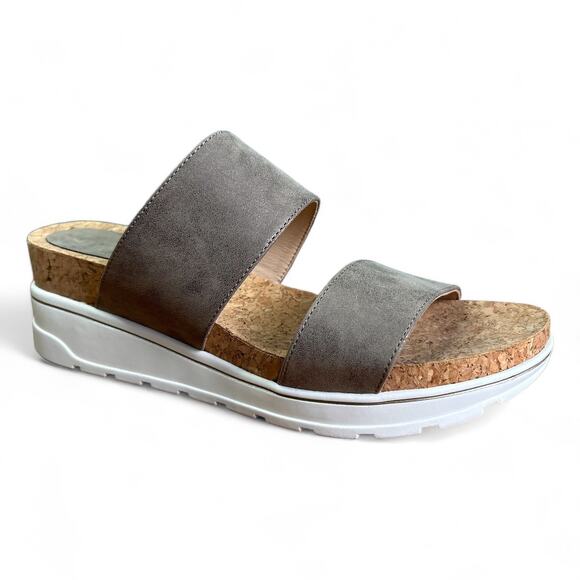 Adrienne Vittadini‎ Womens Sandals 9.5 Cork Gray White Platform Slip-On Comfort - Picture 1 of 9